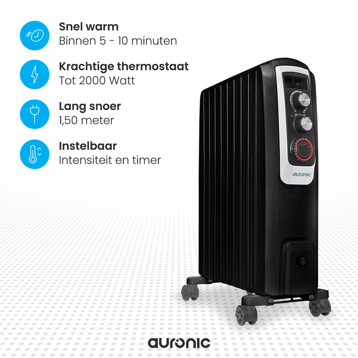 Zwarte elektrische kachel met wielen, met functies zoals thermostaat- en timerinstellingen.