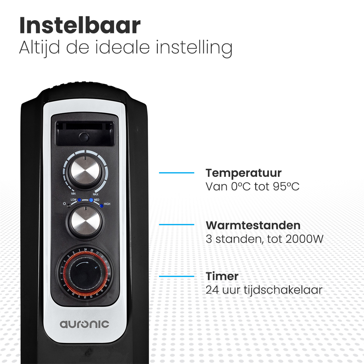 Zwarte verwarming met bediening voor temperatuur, warmtestanden en een timer.