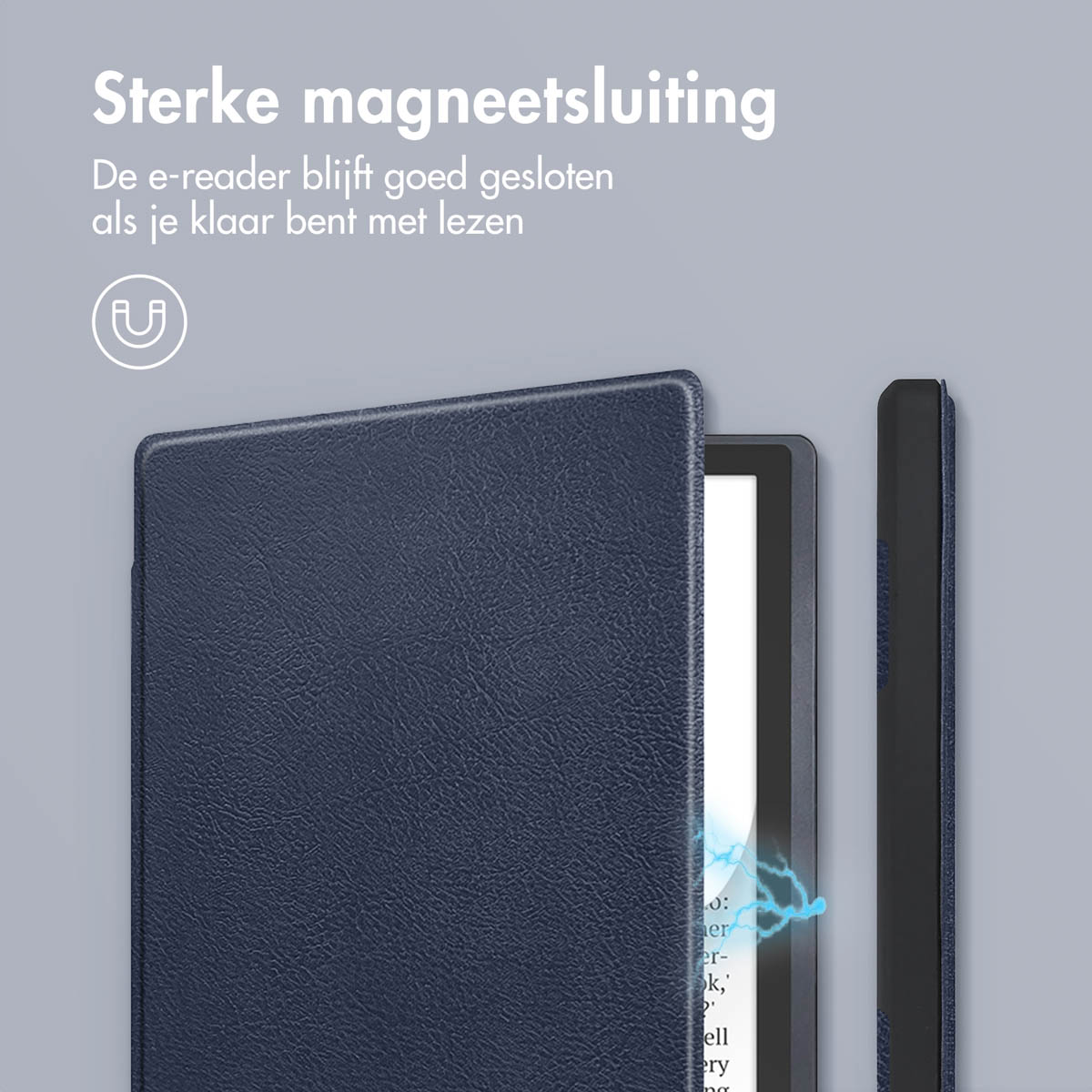 Blauwe e-reader hoes, gesloten. Tekst: Sterke magnetische sluiting.