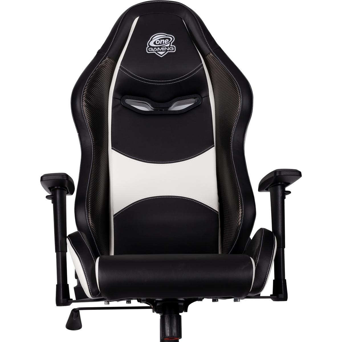 Schwarzer und weißer Gaming-Stuhl mit Kopfstütze und Armlehnen, mit dem One Gaming-Logo.