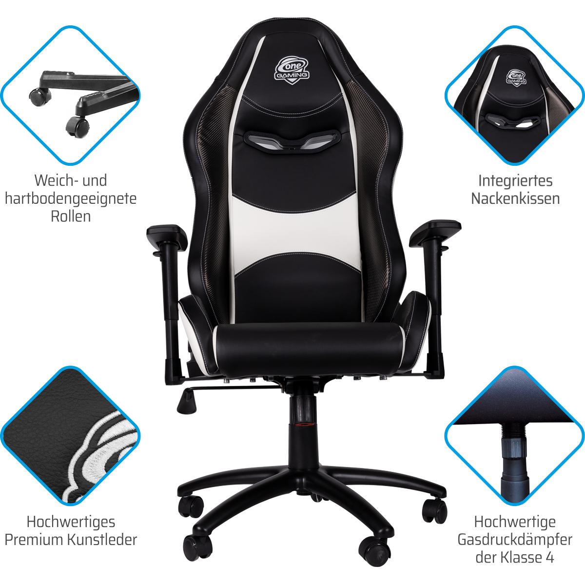 Ein schwarz-weißer Gaming-Stuhl mit verschiedenen Funktionen wie Rollen und Kopfstütze.