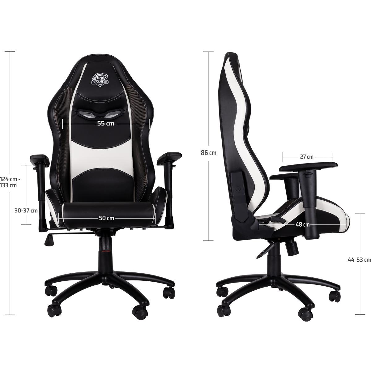 Gaming-Stuhl, schwarz und weiß, mit Maßen. Vorder- und Seitenansicht.
