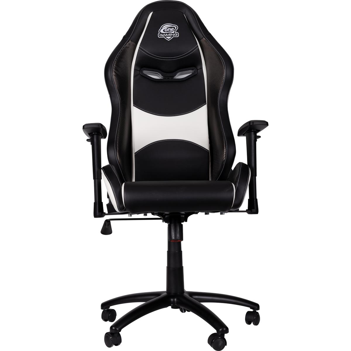 Schwarz-weißer Gaming-Stuhl mit schwarzem Untergestell und Rollen, mit weißem und schwarzem Design.