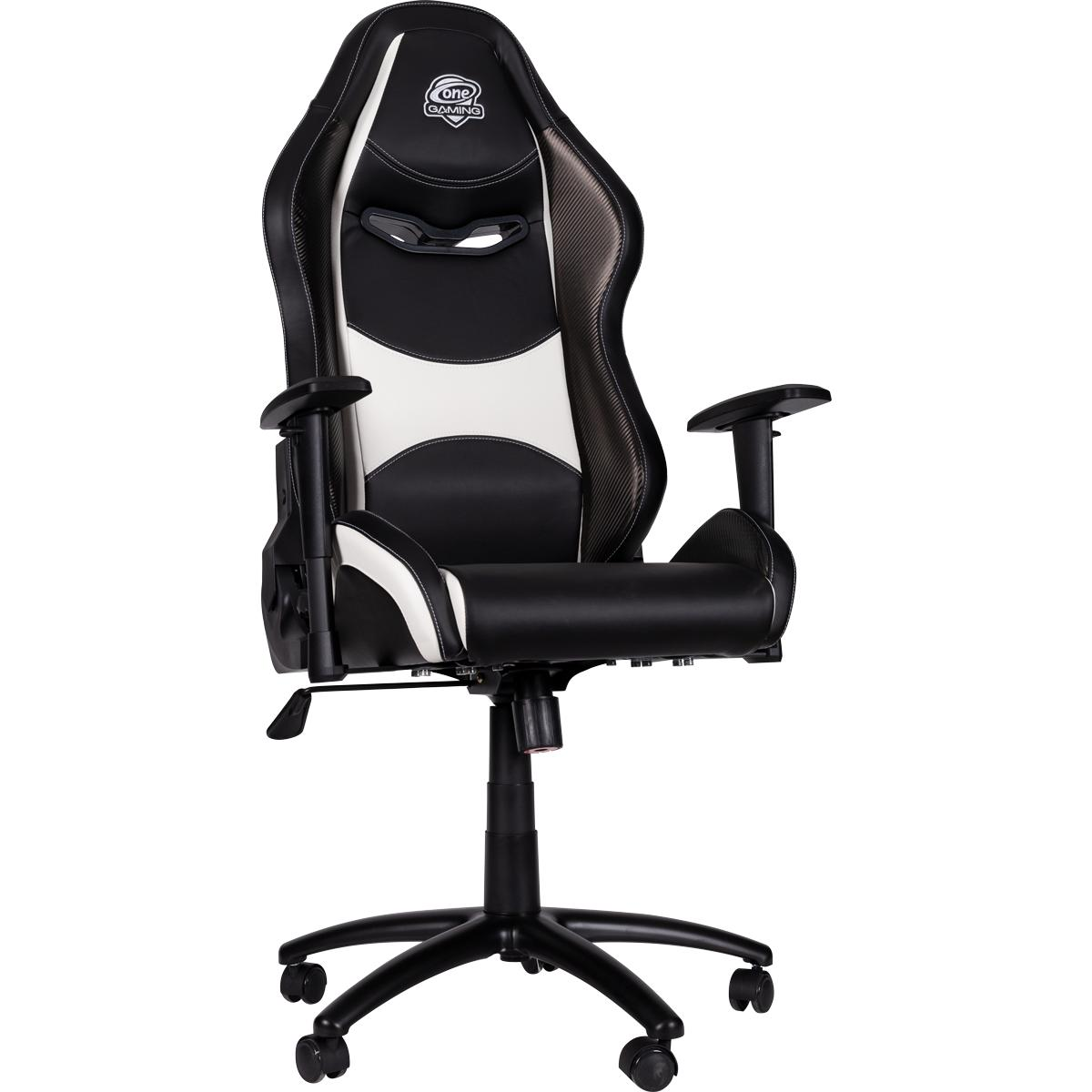 Schwarz-weißer Gaming-Stuhl mit ergonomischem Design, auf weißem Hintergrund.