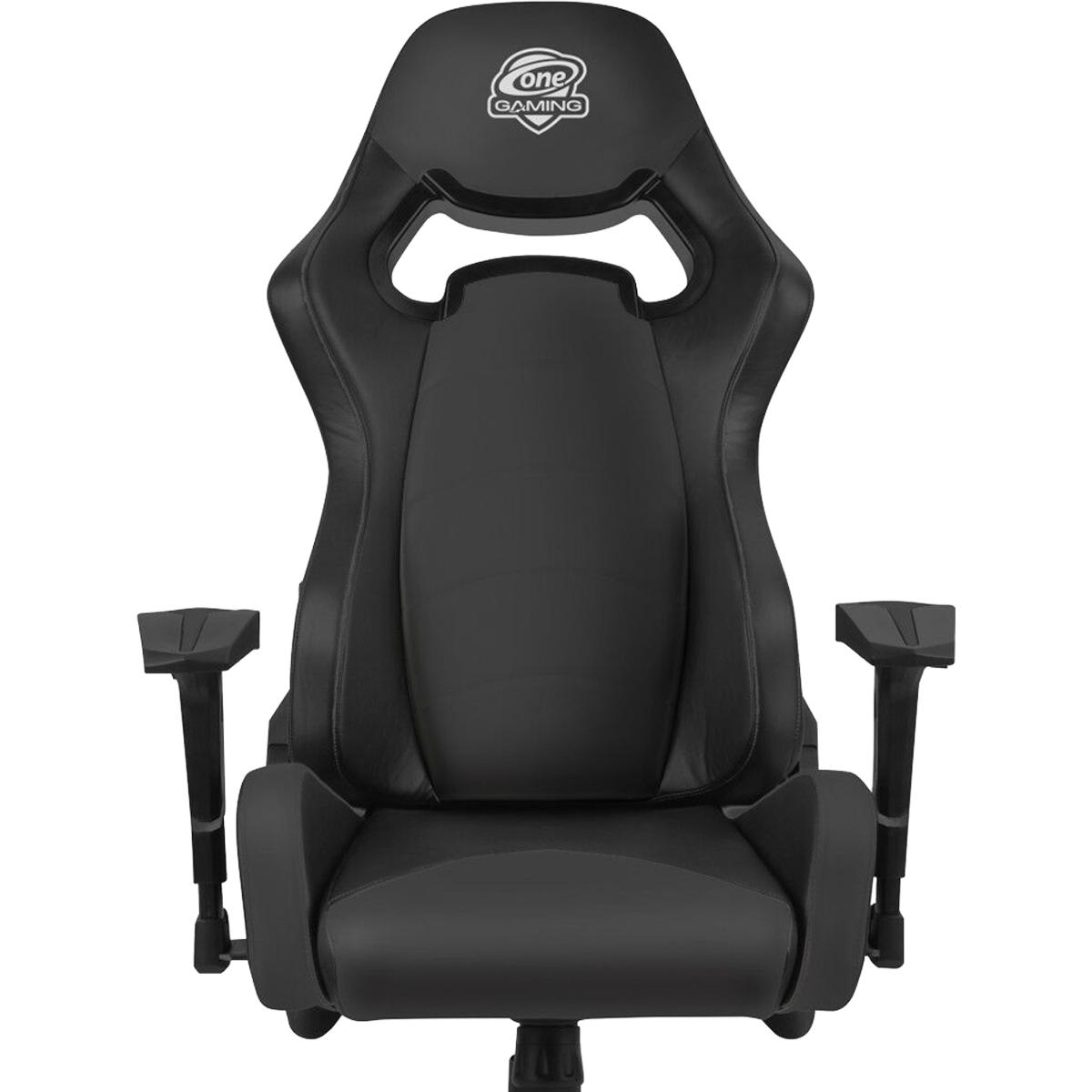 Schwarzer Gaming-Stuhl. Mit hohem Rücken, Armlehnen und einem 'one gaming'-Logo oben.