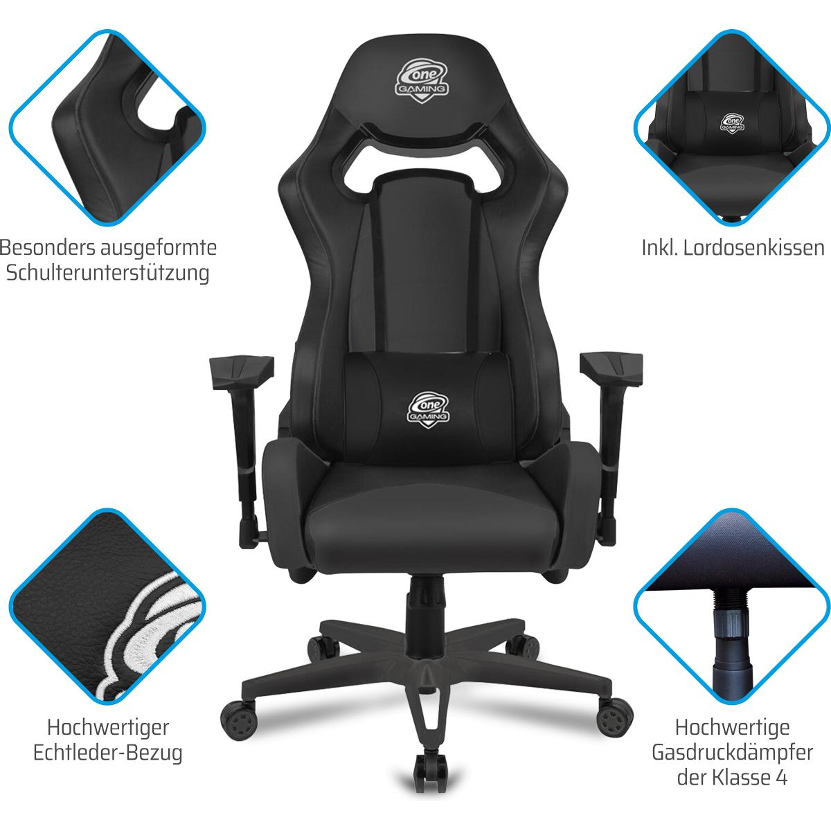 Ein schwarzer Gaming-Stuhl mit Details zu Schulterstütze, Lordosenstütze und Leder.