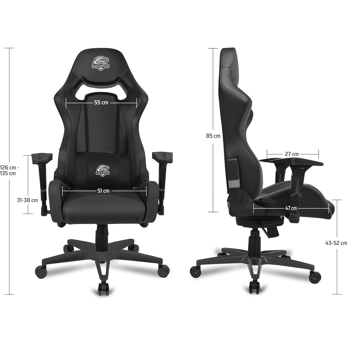 Schwarzer Gaming-Stuhl mit Maßen: Höhe 126-135cm, Breite 55cm und Sitzbreite 51cm.