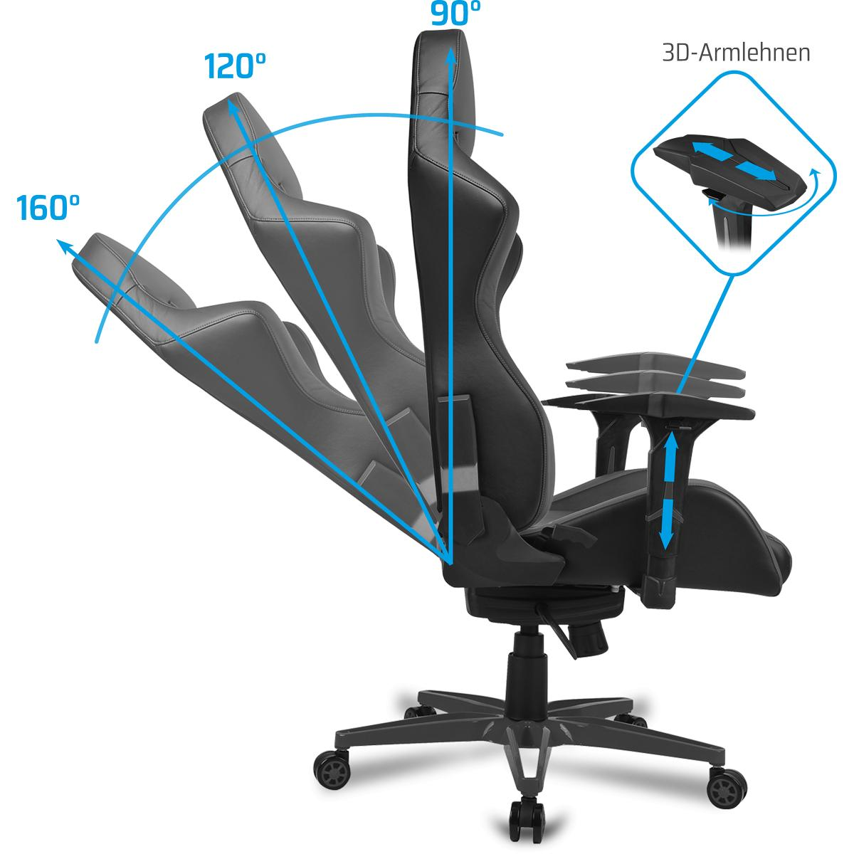 Gaming-Stuhl mit 160, 120 und 90 Grad Neigungswinkel und verstellbaren Armlehnen.