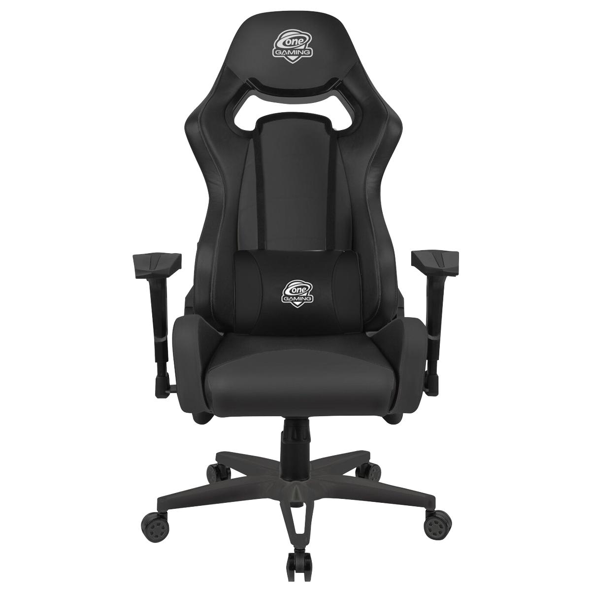 Schwarzer Gaming-Stuhl mit Kopfstütze, Armlehnen und Fünf-Sterne-Basis, weißer Hintergrund.