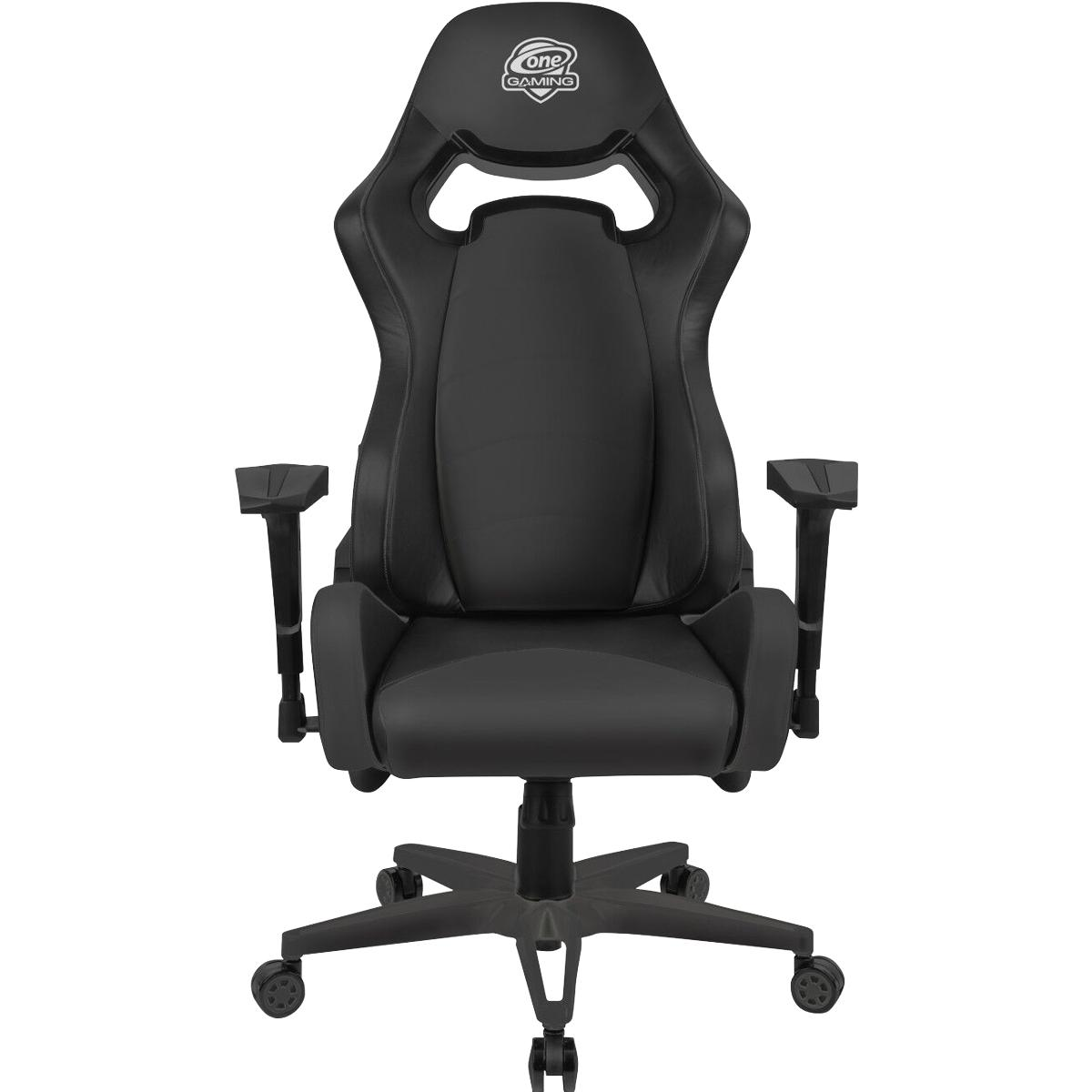Schwarzer Gaming-Stuhl mit hohem Rücken und verstellbaren Armlehnen. Der Stuhl hat Rollen.