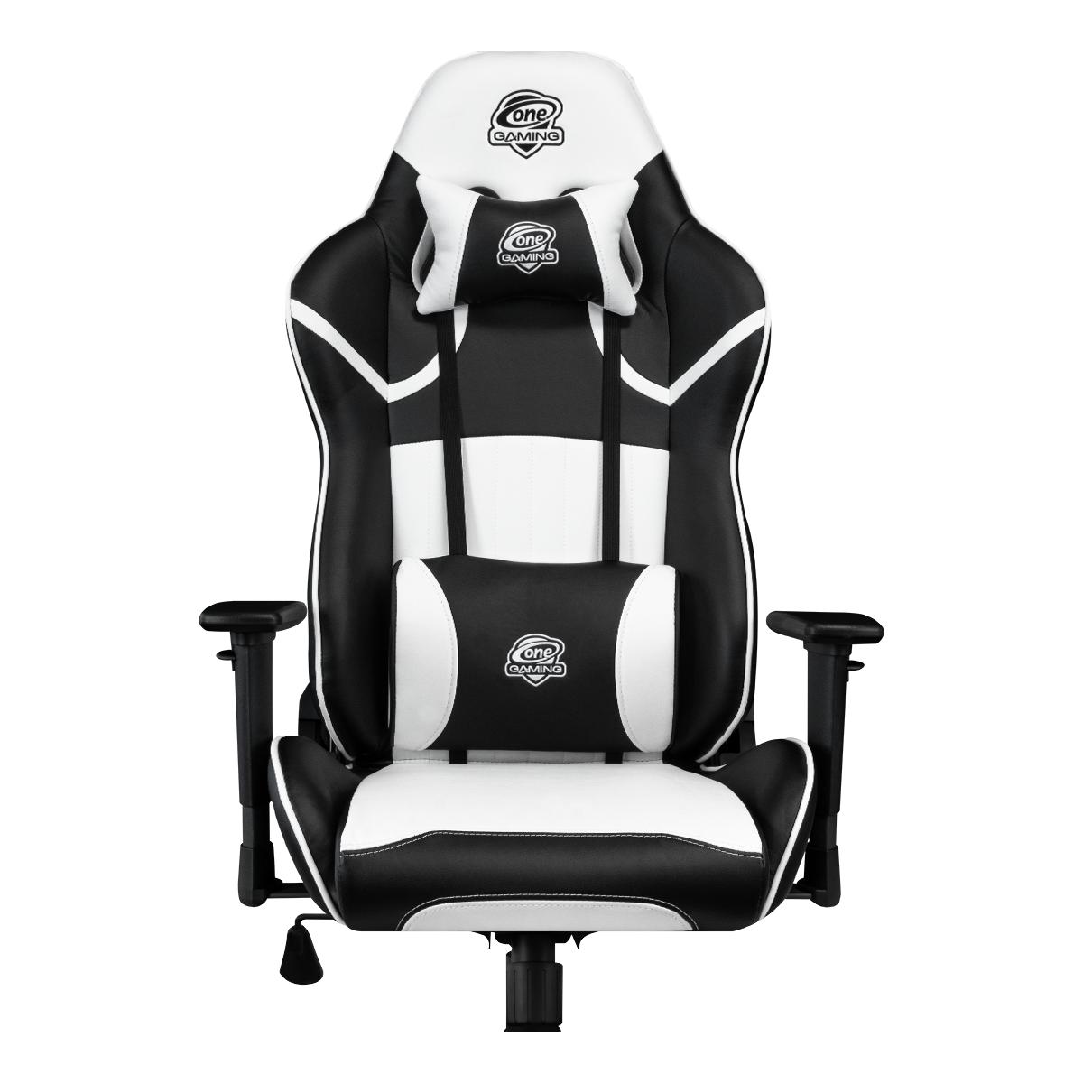 Schwarz-weißer Gaming-Stuhl mit weißen Akzenten und Logodetails.