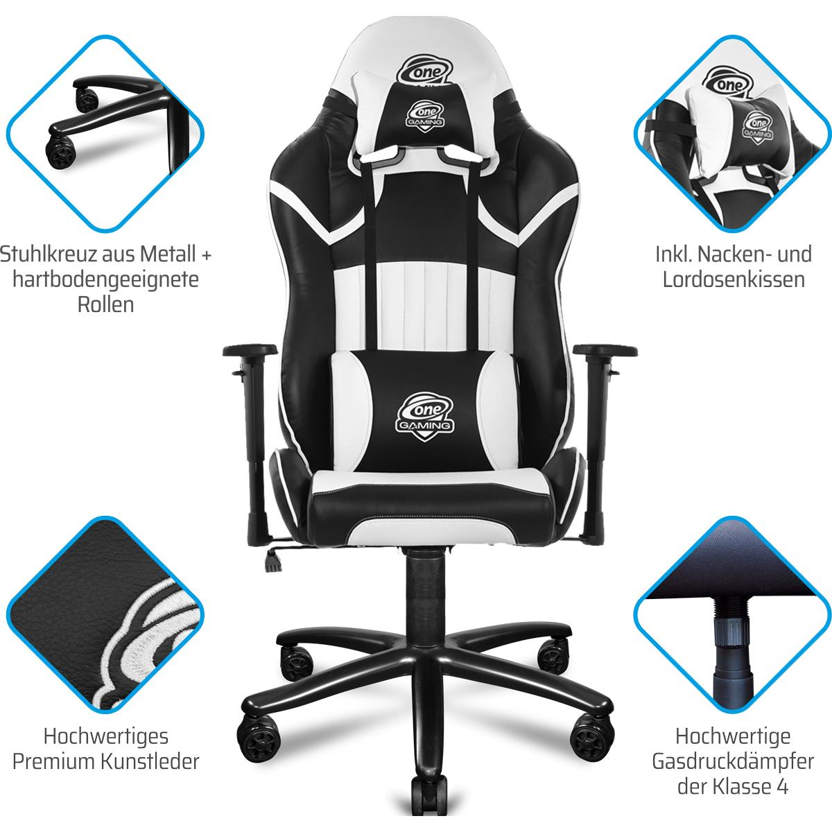 Schwarz-weißer Gaming-Stuhl mit Details seiner Komponenten. Er hat eine Kopfstütze und Lordosenstütze.