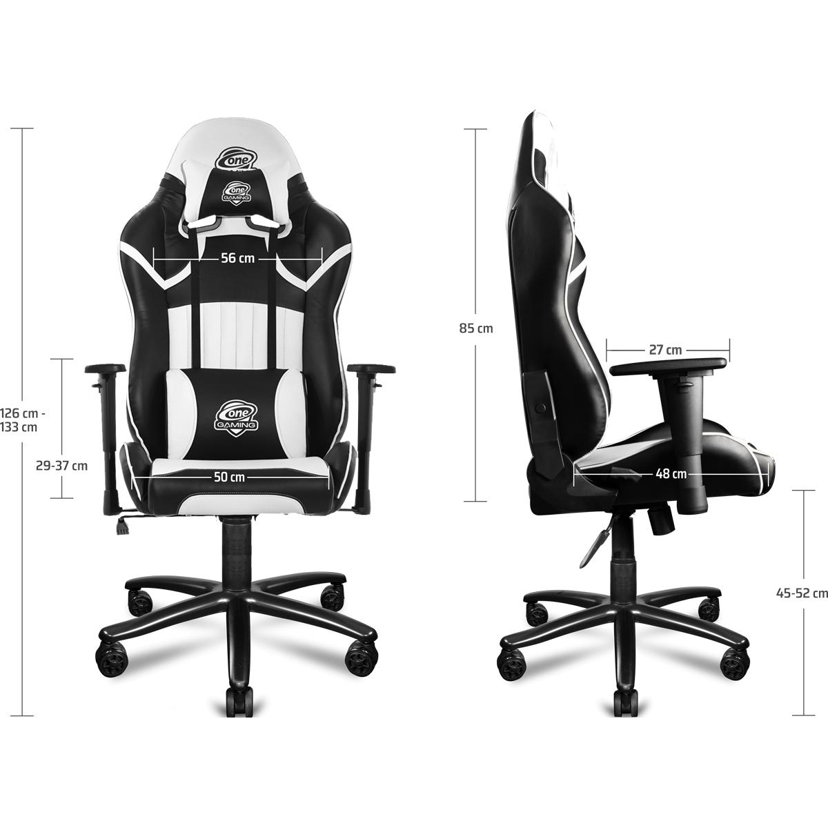 Ein schwarz-weißer Gaming-Stuhl mit Maßen und Abmessungen wird gezeigt.