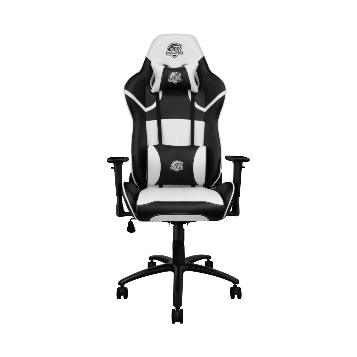 Ein schwarz-weißer Gaming-Stuhl mit Kopfstütze, Lendenwirbelstütze und Armlehnen.