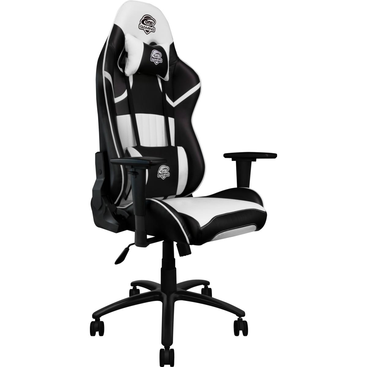 Schwarz-weißer Gaming-Stuhl mit hohem Rücken und Kopfstütze, auf weißem Hintergrund.