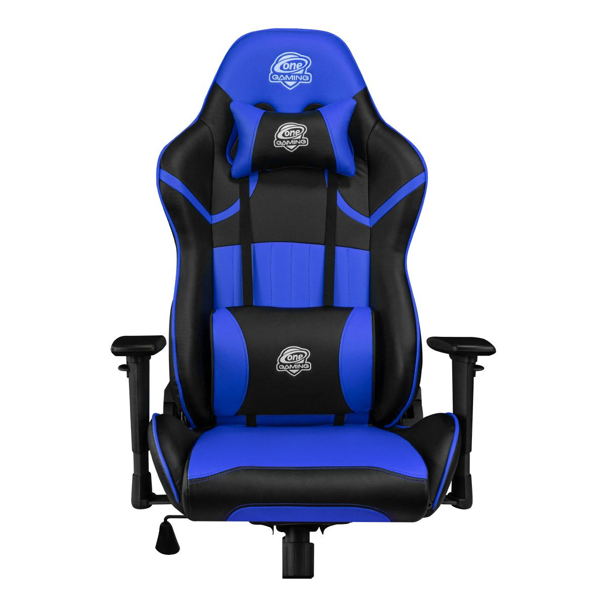 Gaming-Stuhl, blau und schwarz. Hat eine Kopfstütze, Lendenwirbelstütze und Armlehnen. Auf weißem Grund.