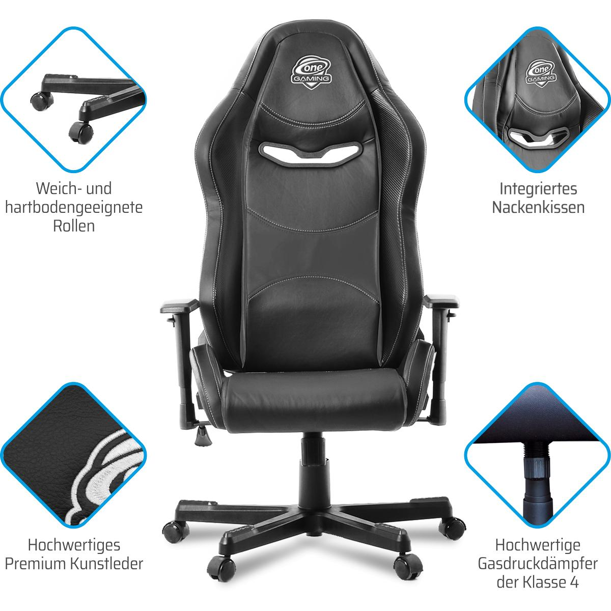Schwarzer Gaming-Stuhl mit weißen Nähten und Kopfstütze. Merkmale sind Räder und ein Logo.