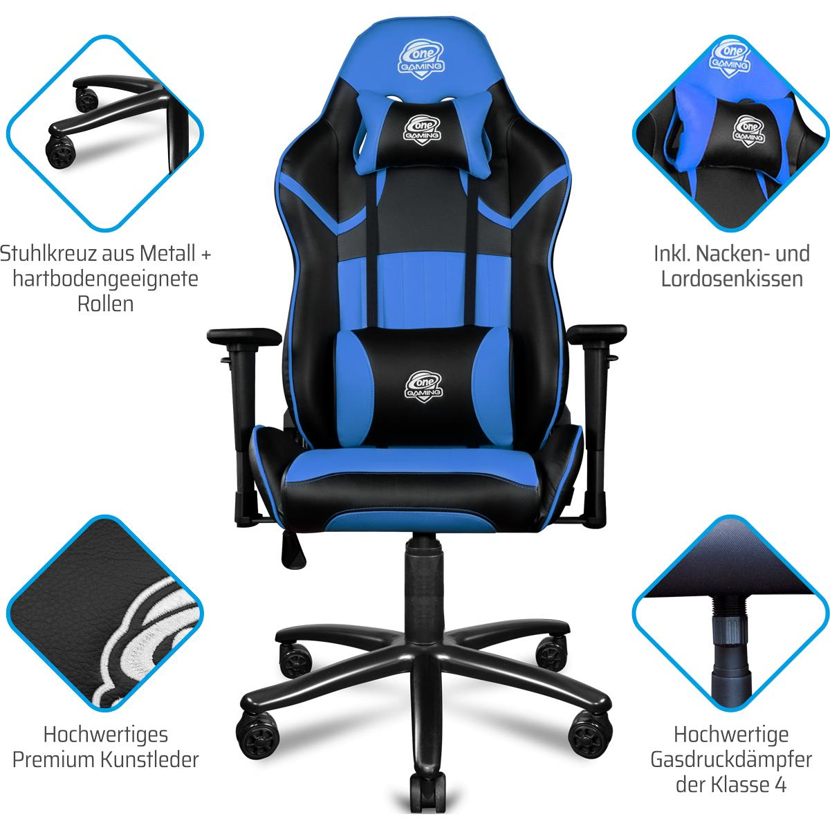 Ein blau-schwarzer Gaming-Stuhl mit Text in Englisch und Deutsch.