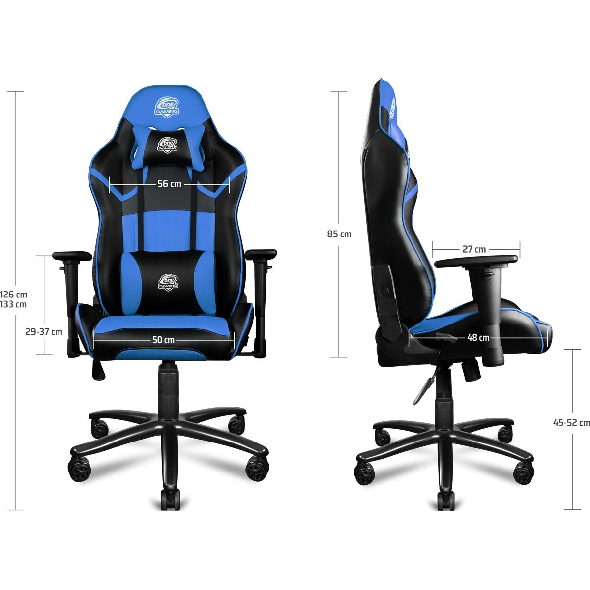 Ein schwarz-blauer Gaming-Stuhl mit angegebenen Abmessungen, der eine Vorder- und Seitenansicht zeigt.