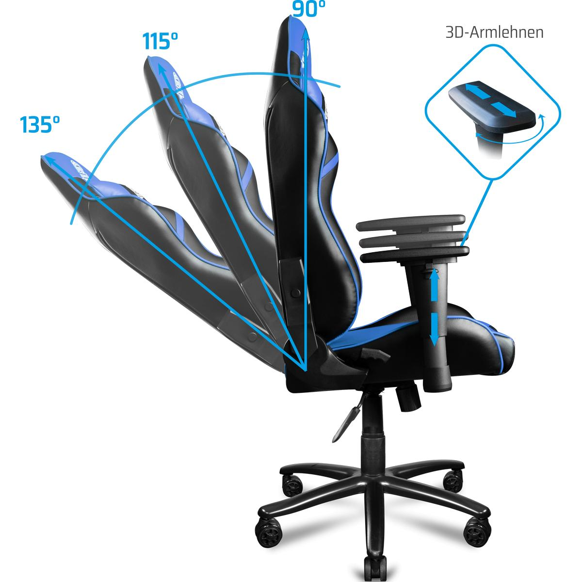 Gaming-Stuhl mit verstellbaren Winkeln, schwarz-blaues Design, mit detailliertem Diagramm.