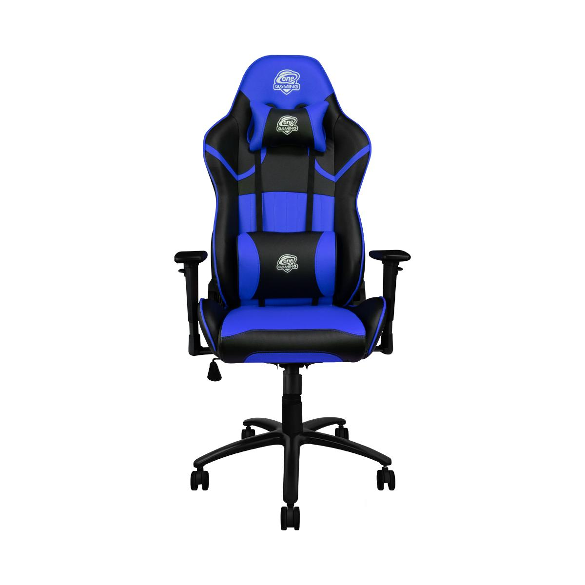Blau-schwarzer Gaming-Stuhl. Mit Kopfstütze, Lordosenstütze, Armlehnen und schwarzem Fuß.