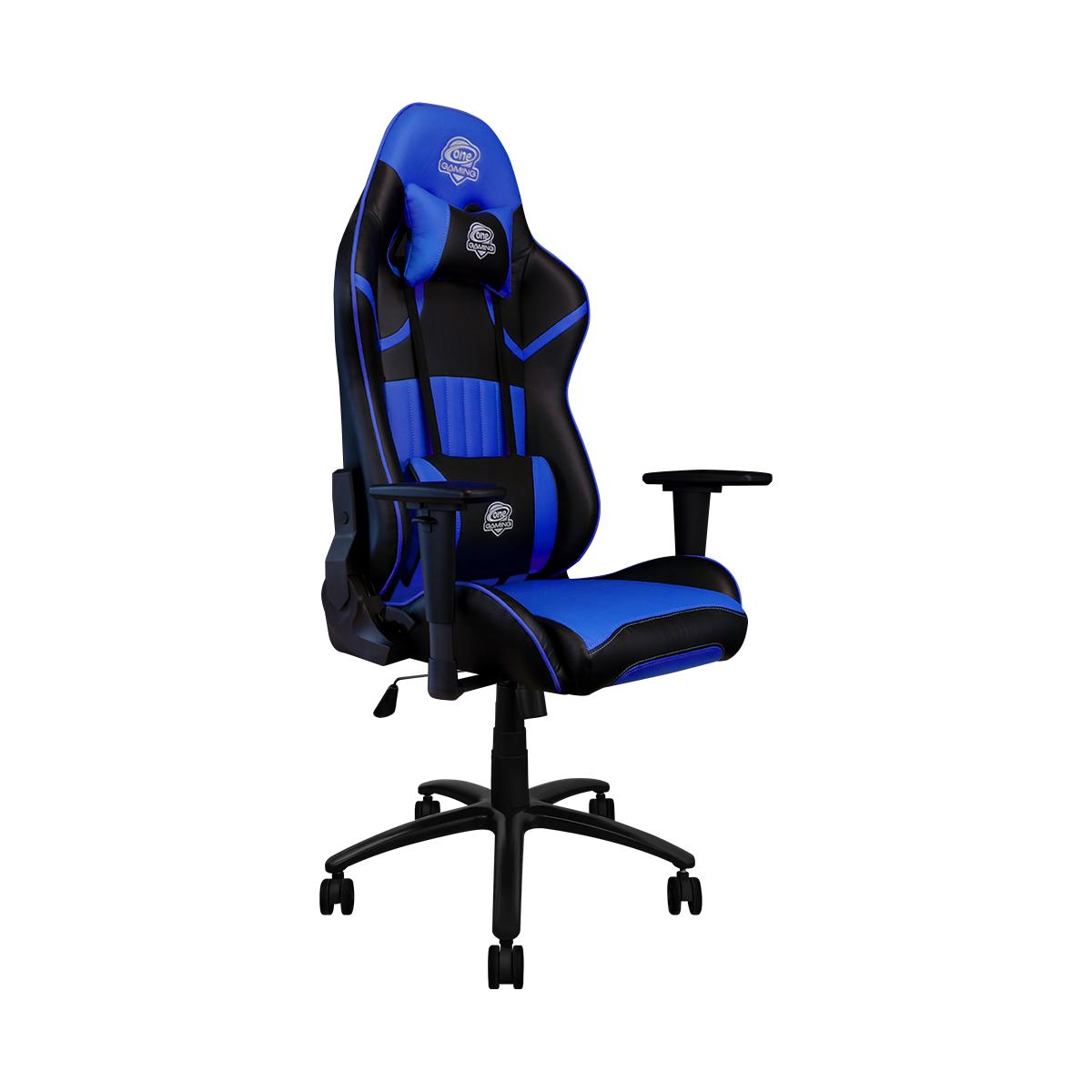 Blau-schwarzer Gaming-Stuhl auf weißem Hintergrund.