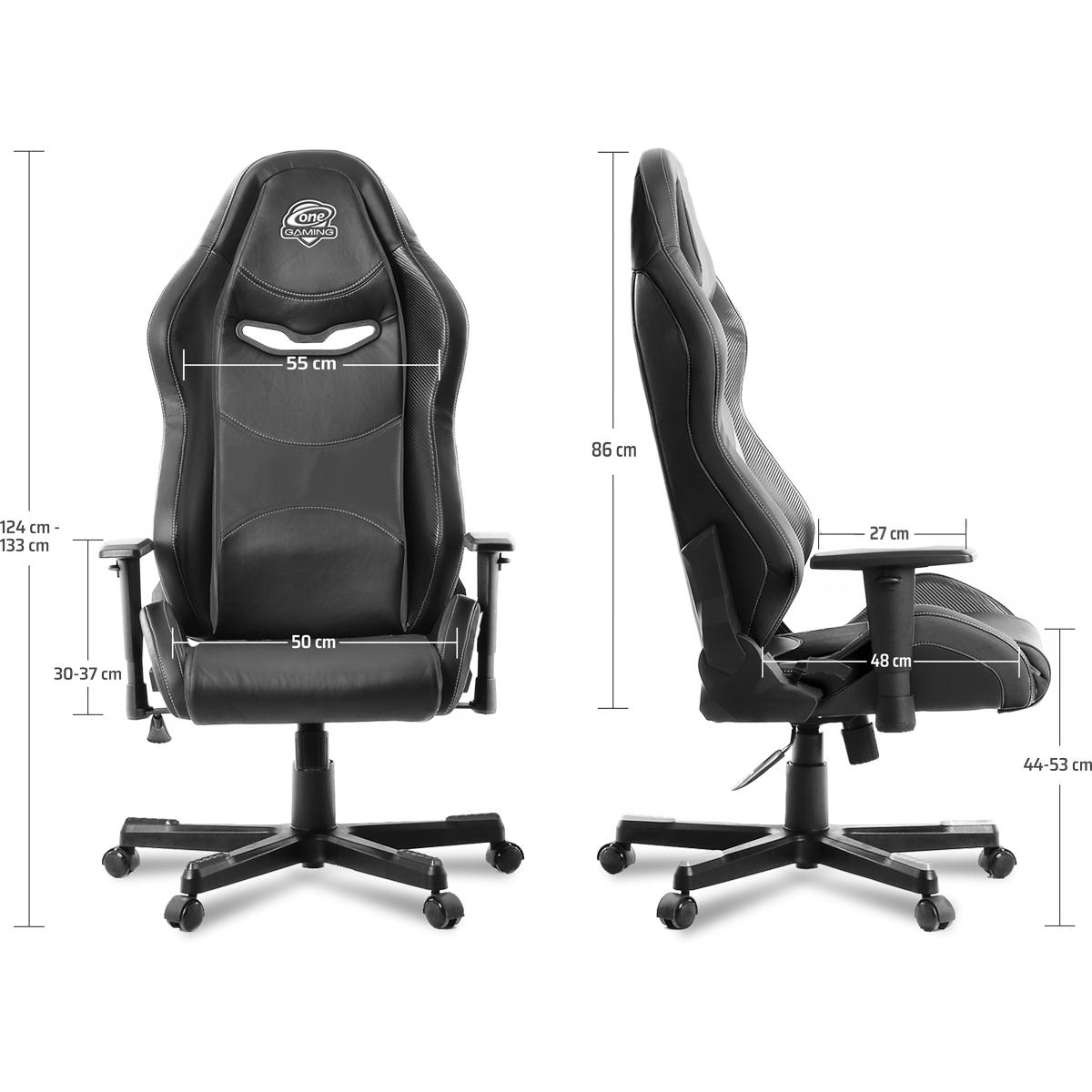 Schwarzer Gaming-Stuhl mit Abmessungen: 124-133cm Höhe, 55cm Breite und 50cm Sitzbreite.