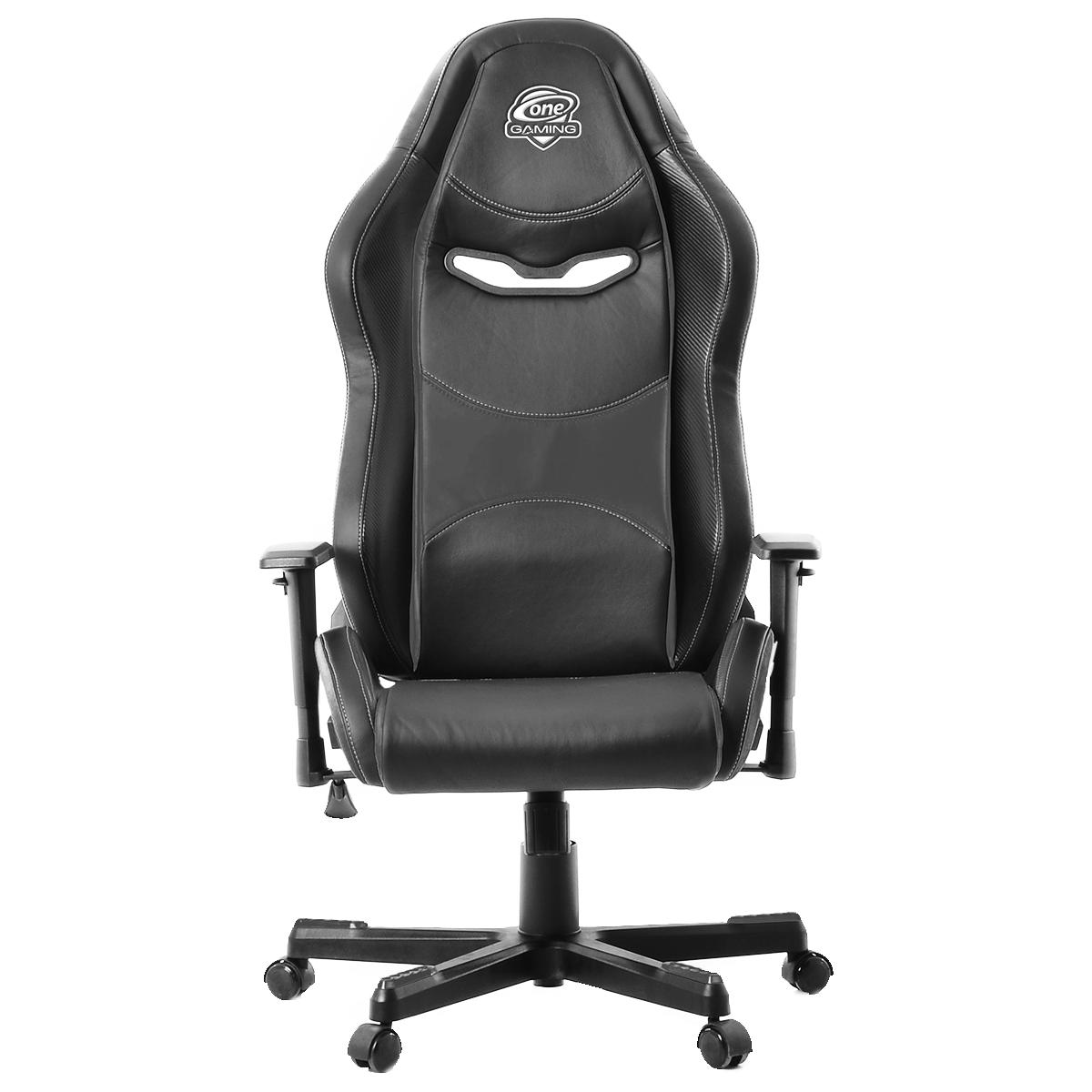 Ein schwarzer Gaming-Stuhl. Er ist dem Betrachter zugewandt. Auf dem Stuhl steht ZONE GAMING.