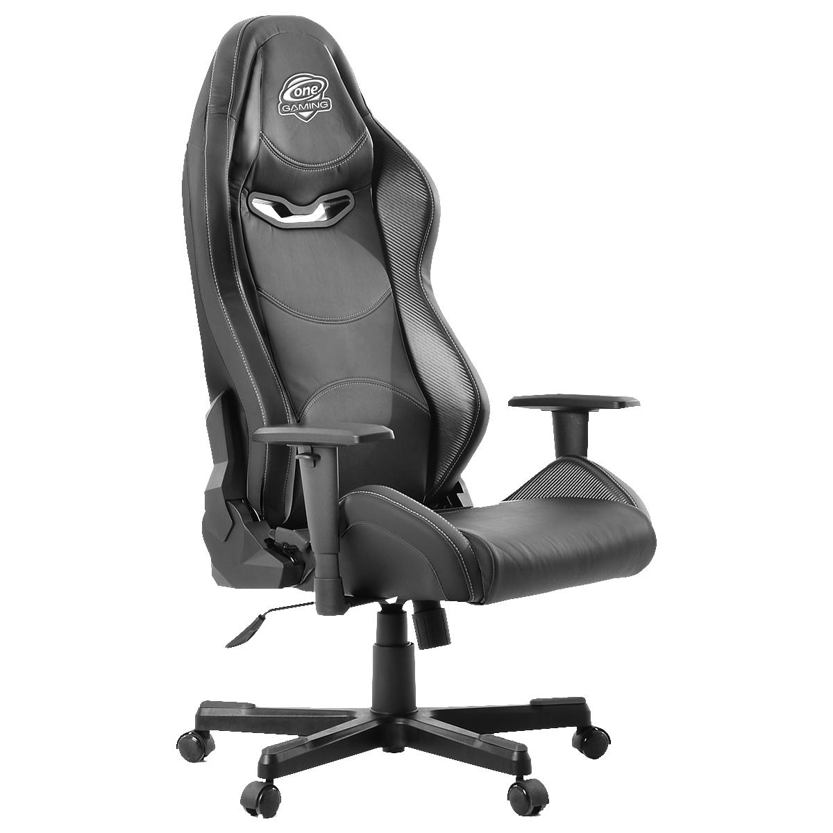 Schwarzer Gaming-Stuhl mit hoher Rückenlehne und Armlehnen, vor weißem Hintergrund.
