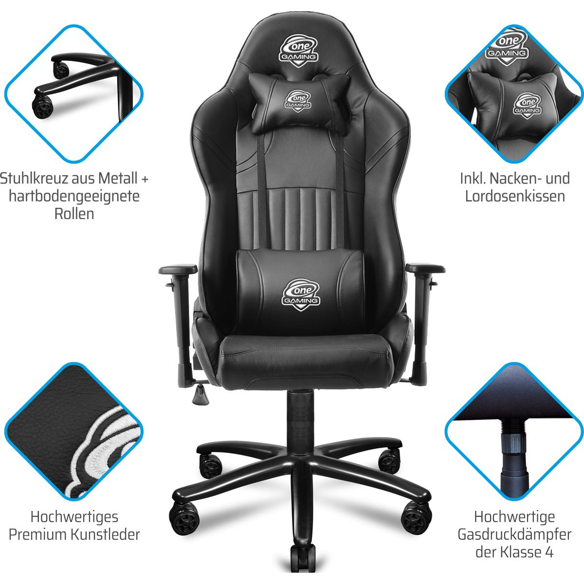Schwarzer Gaming-Stuhl mit Kopfstütze, Lordosenstütze und Armlehnen. Inklusive Metallfuß und Rollen.