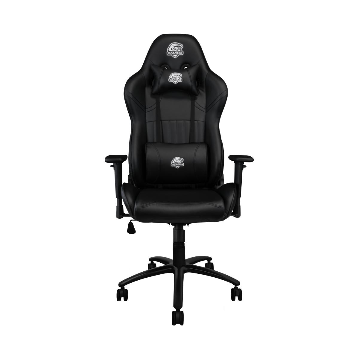 Schwarzer Gaming-Stuhl mit Logo, Kopfstütze und Armlehnen, auf weißem Hintergrund.