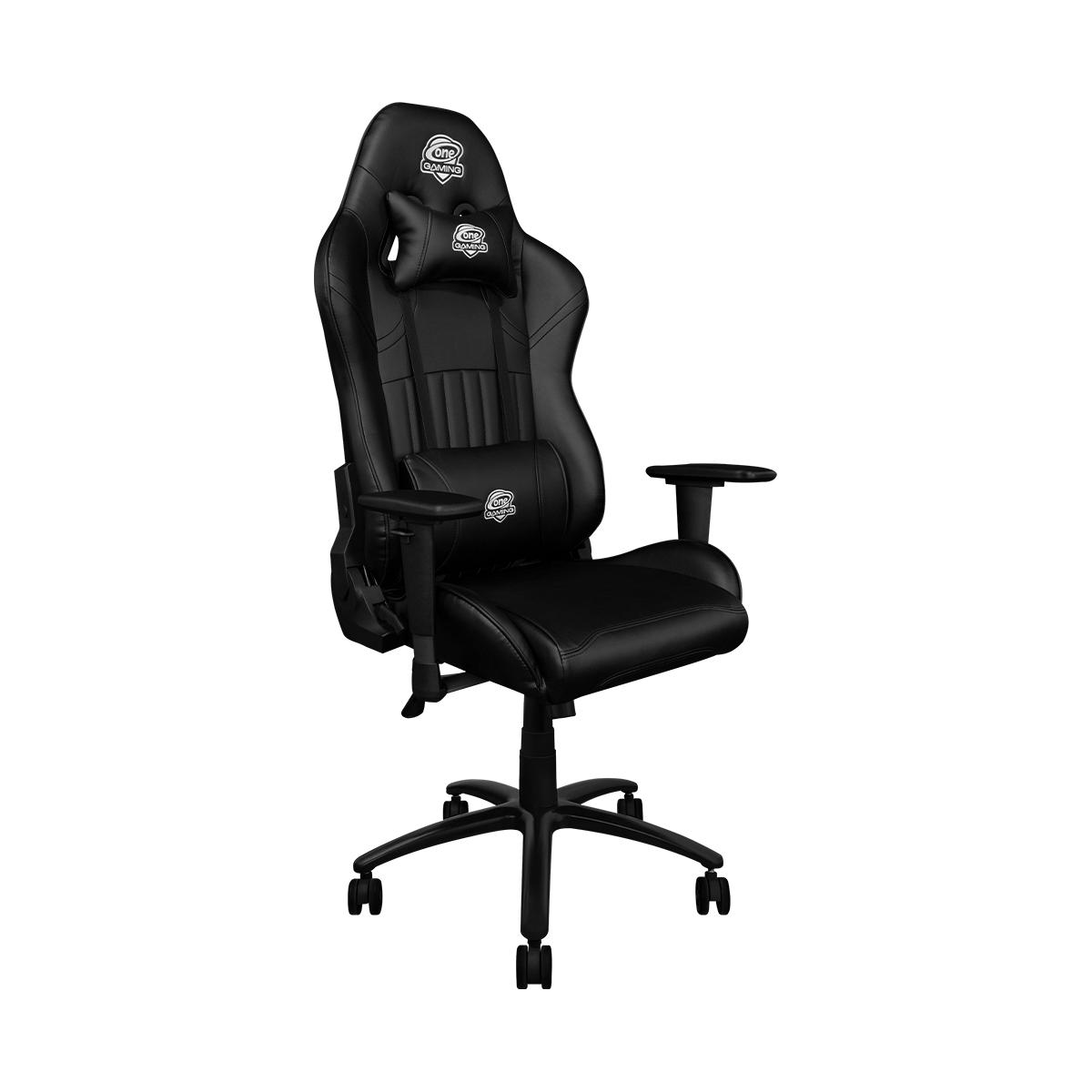 Schwarzer Gaming-Stuhl mit Kopfstütze, Kissen und Armlehnen. Er hat ein Fünf-Rad-Gestell und ein Logo.