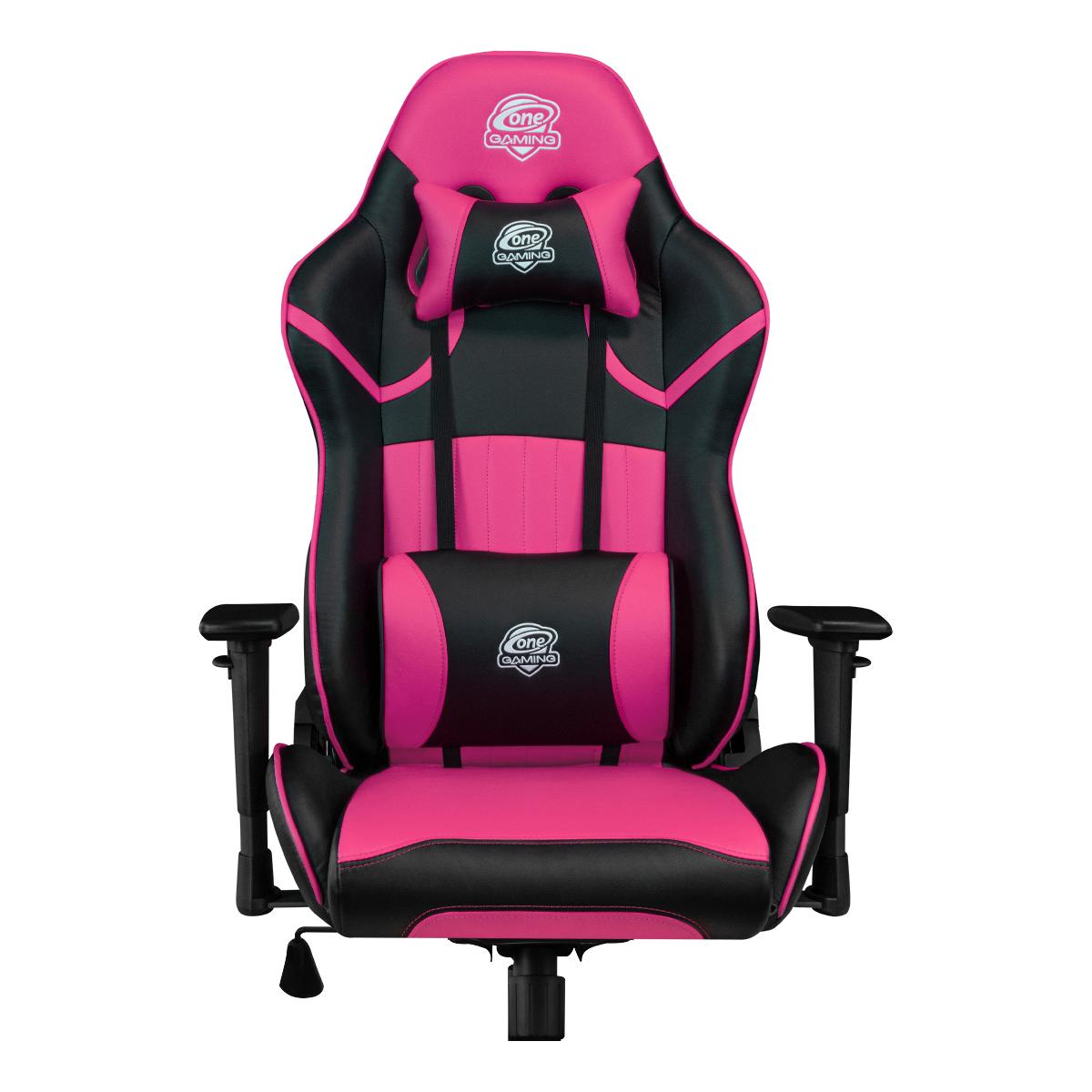 Rosa und schwarzer Gaming-Stuhl. Er hat eine Kopfstütze und Armlehnen.