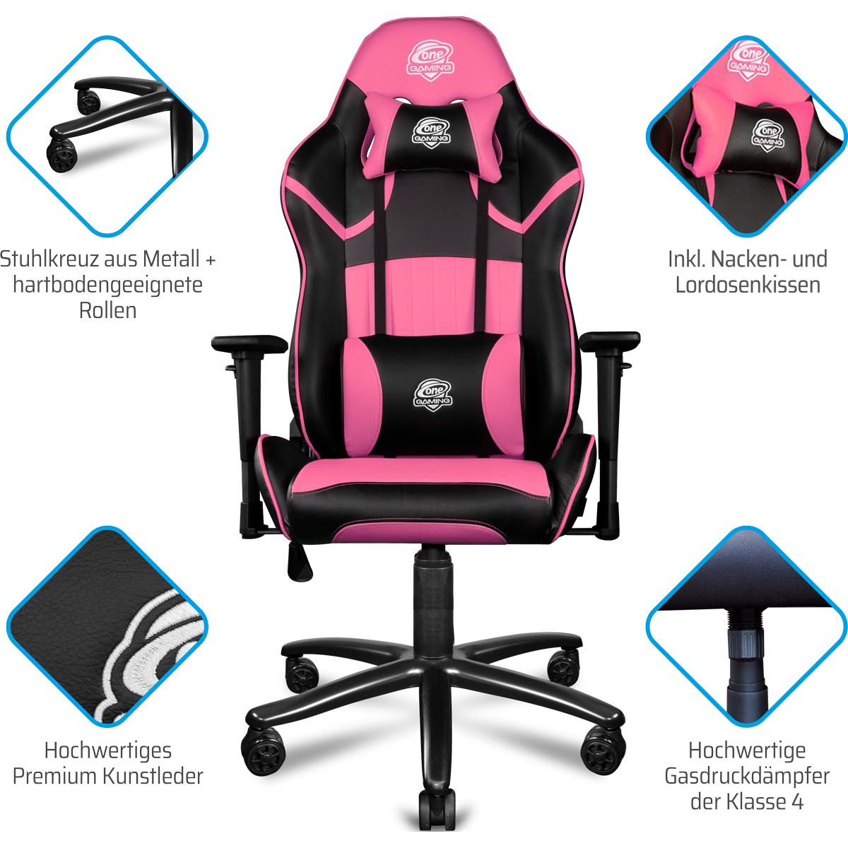 Pinker und schwarzer Gaming-Stuhl mit Details zu Komponenten und Eigenschaften.