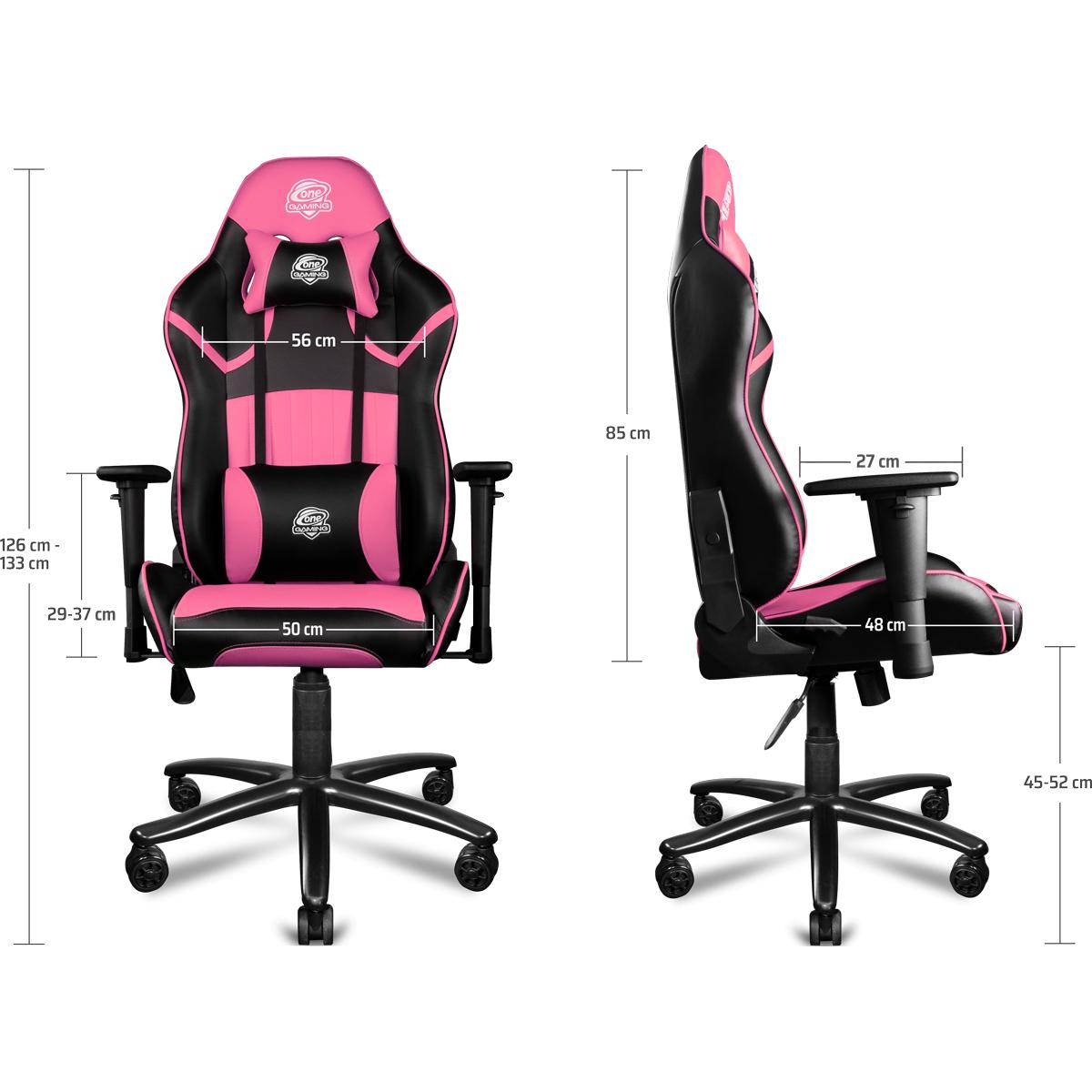 Ein rosa Gaming-Stuhl, von vorne und von der Seite gezeigt. Maße für Höhe, Breite und Armlehnen sind angegeben.