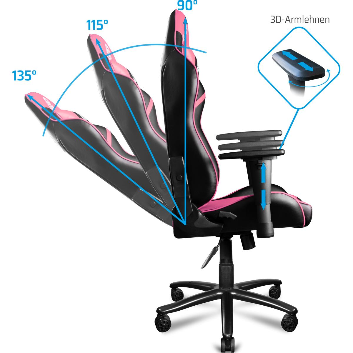 Gaming-Stuhl mit rosa Akzenten. Rückenwinkeleinstellungen bei 90, 115 und 135 Grad.