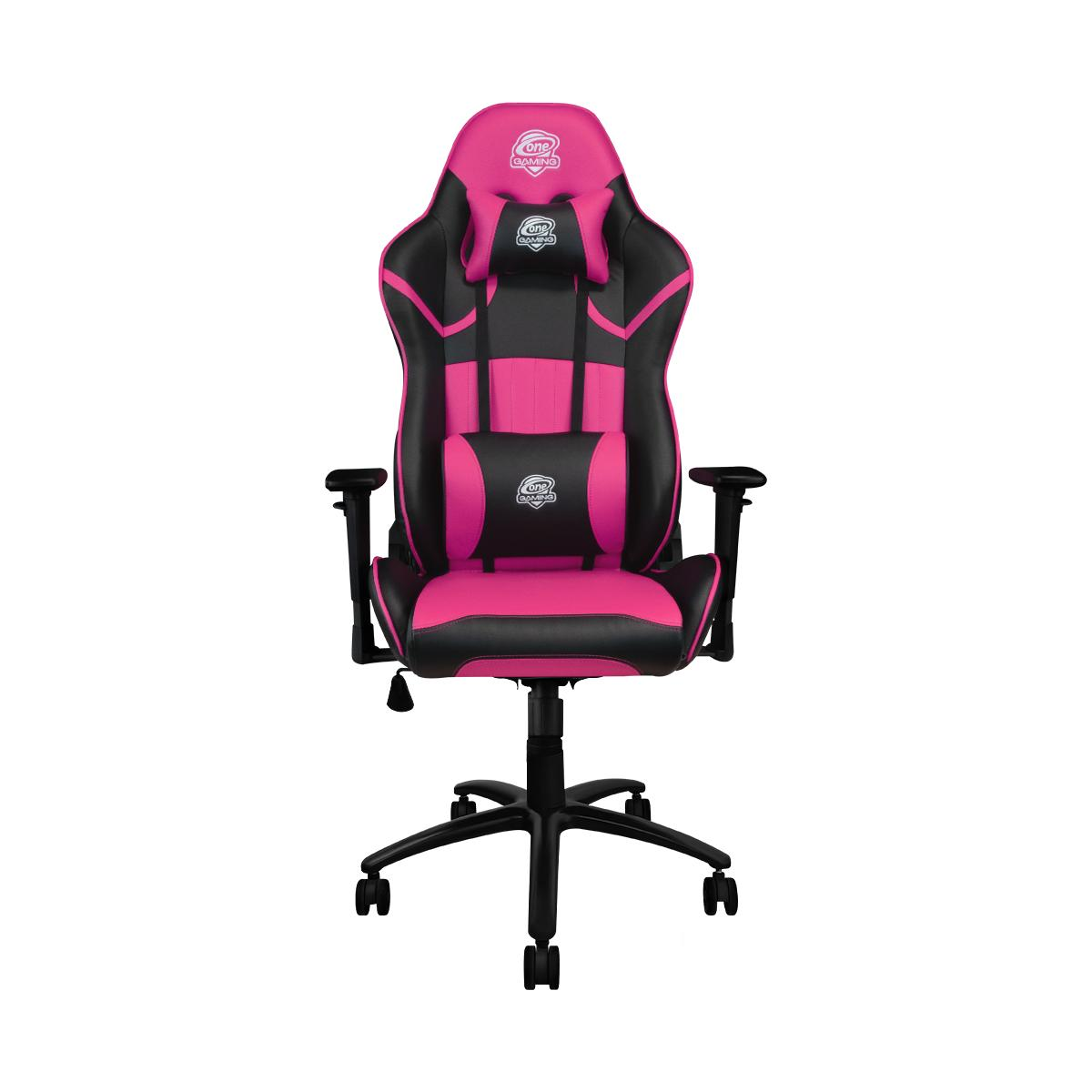 Rosa-schwarzer Gaming-Stuhl mit Logo, auf schwarzem Rollfuß.