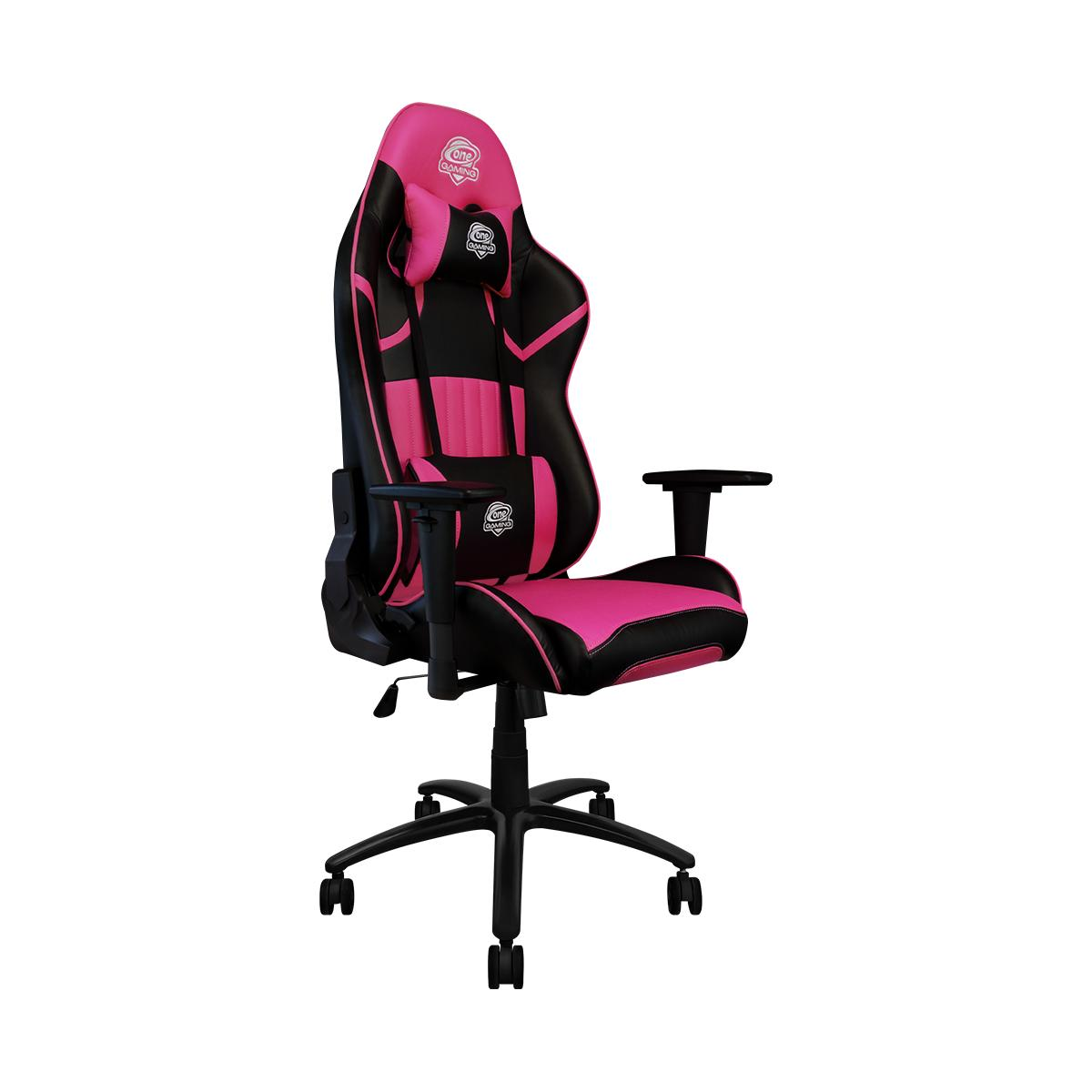 Pinker und schwarzer Gaming-Stuhl mit Logos.