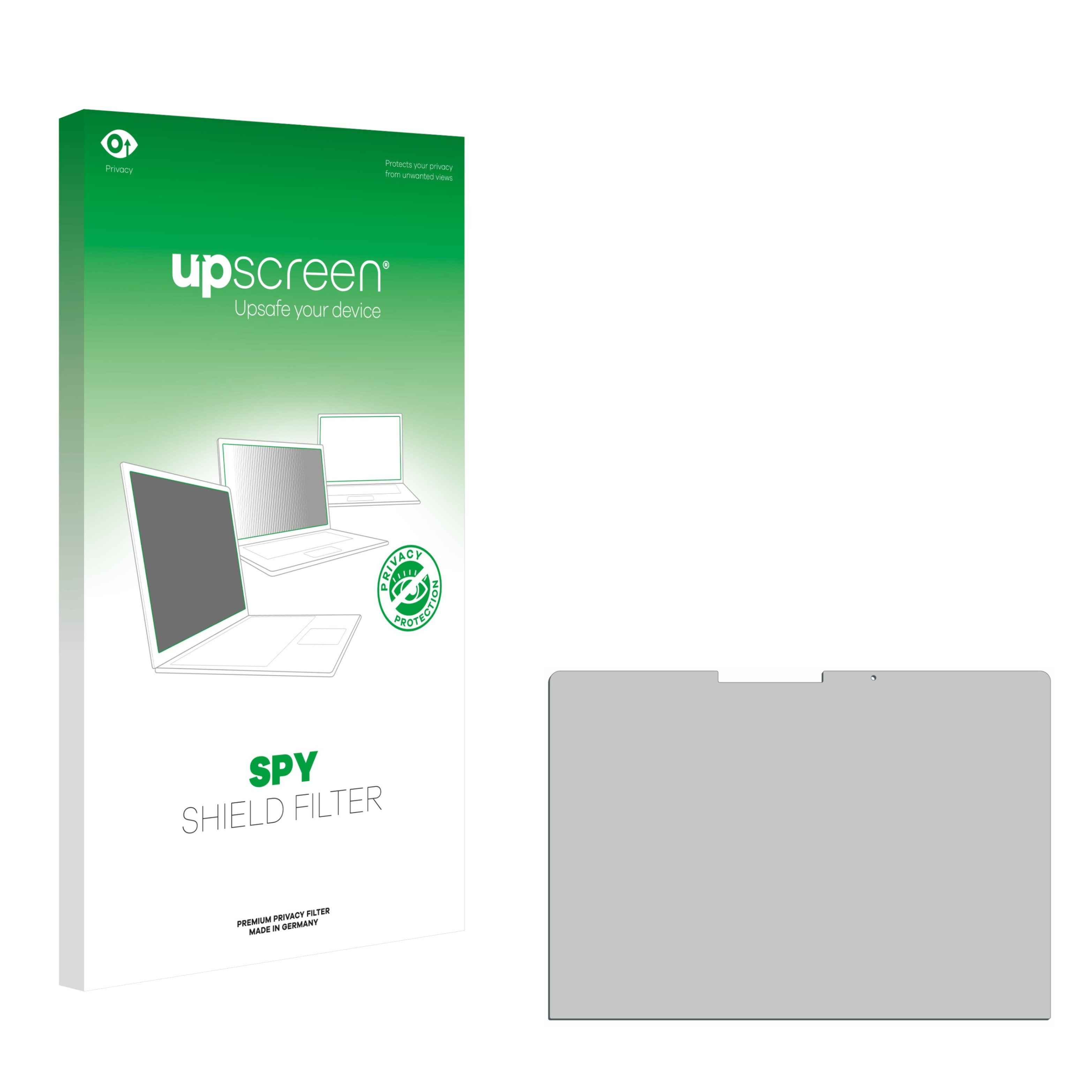Eine Displayschutzfolienverpackung mit einer Laptop-Illustration. Rechts befindet sich eine Displayschutzfolie.