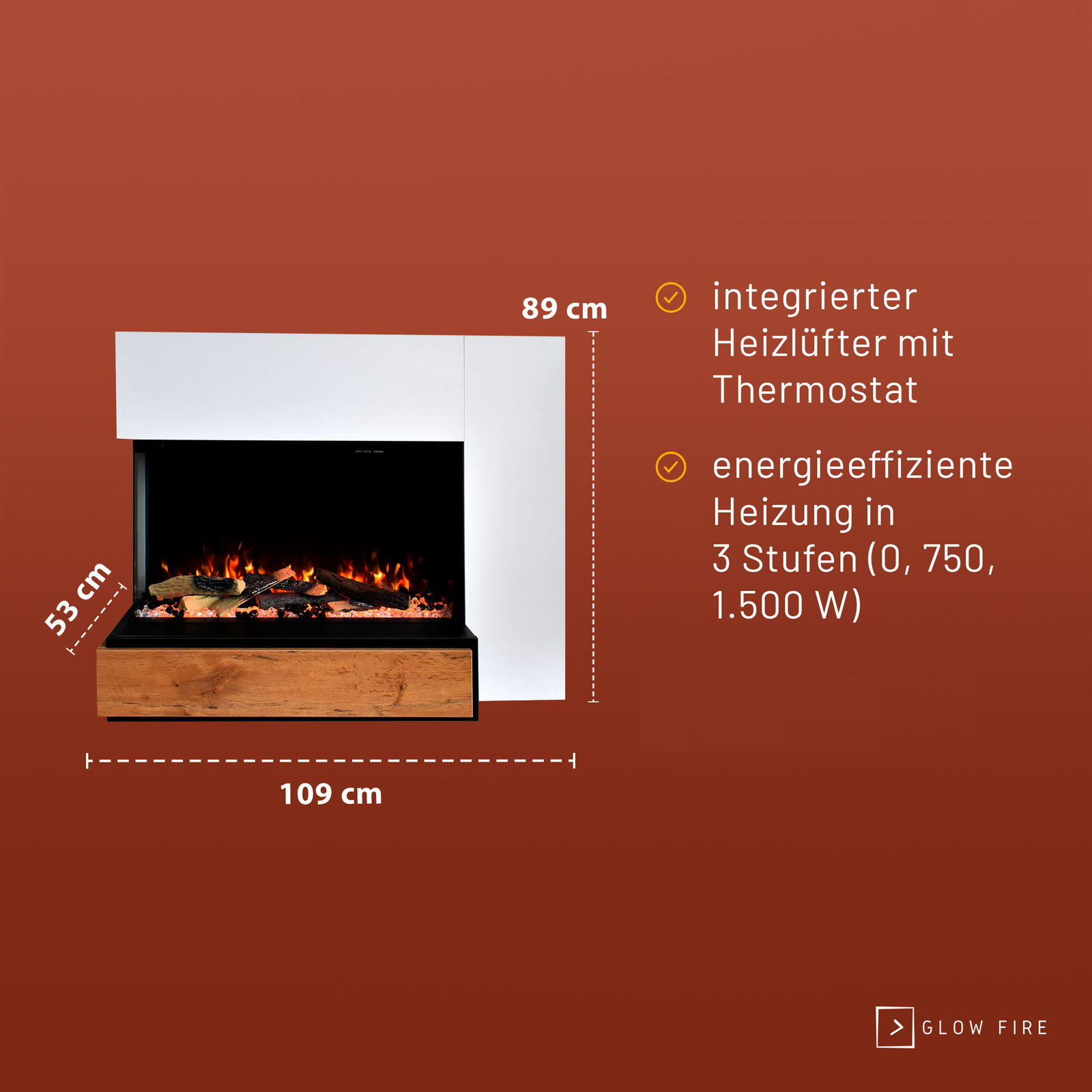 Weißer elektrischer Kamin mit Glasfront und Holzoptik. Flammen sichtbar. Maße sind angegeben.