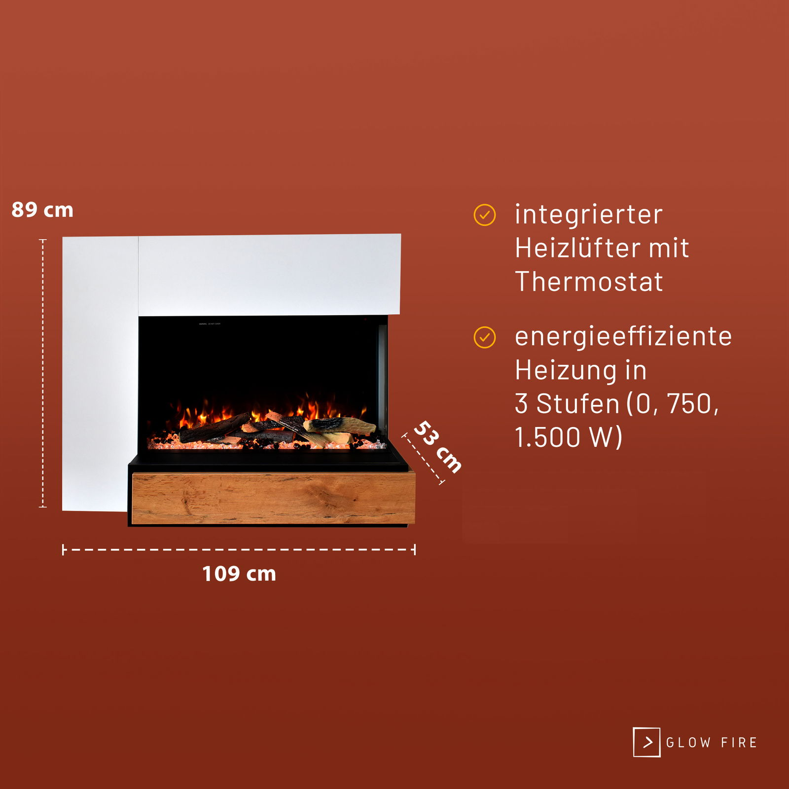 Weißer elektrischer Kamin mit Glasfront und Holzoptik. Flammen sichtbar. Maße sind angegeben.
