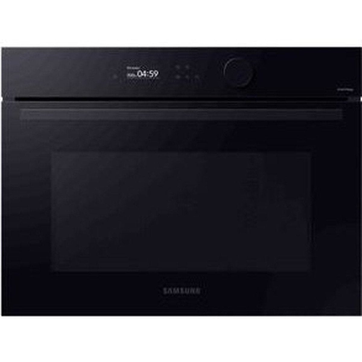 Een zwarte Samsung oven. Het heeft een digitaal display dat de tijd toont en een aanraakbedieningspaneel. Het oppervlak is glanzend.