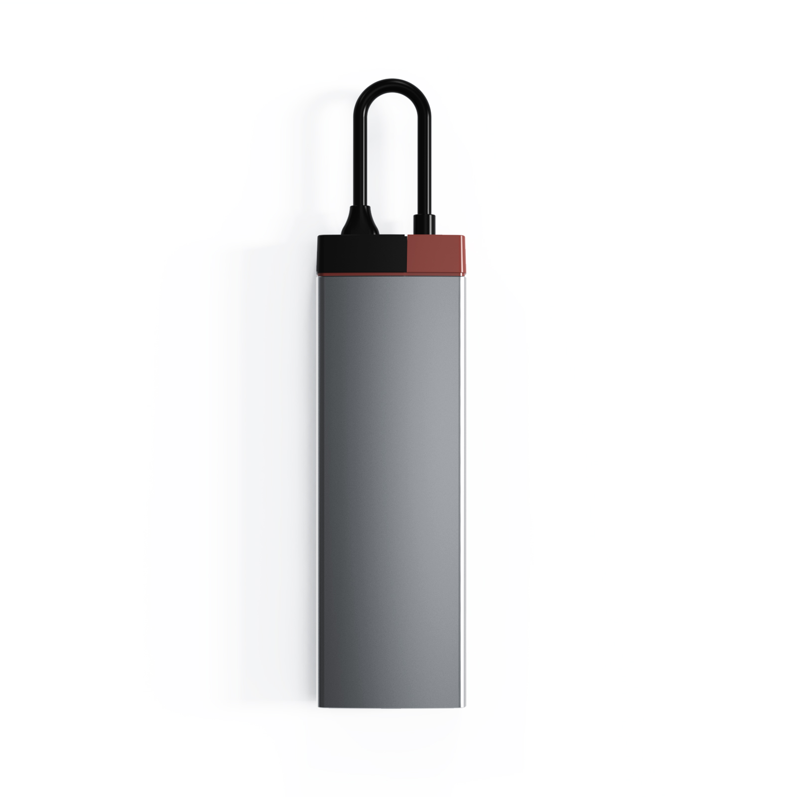 Ein grauer USB-C-Hub mit einem schwarzen Kabel und einem dunkelroten Stecker.
