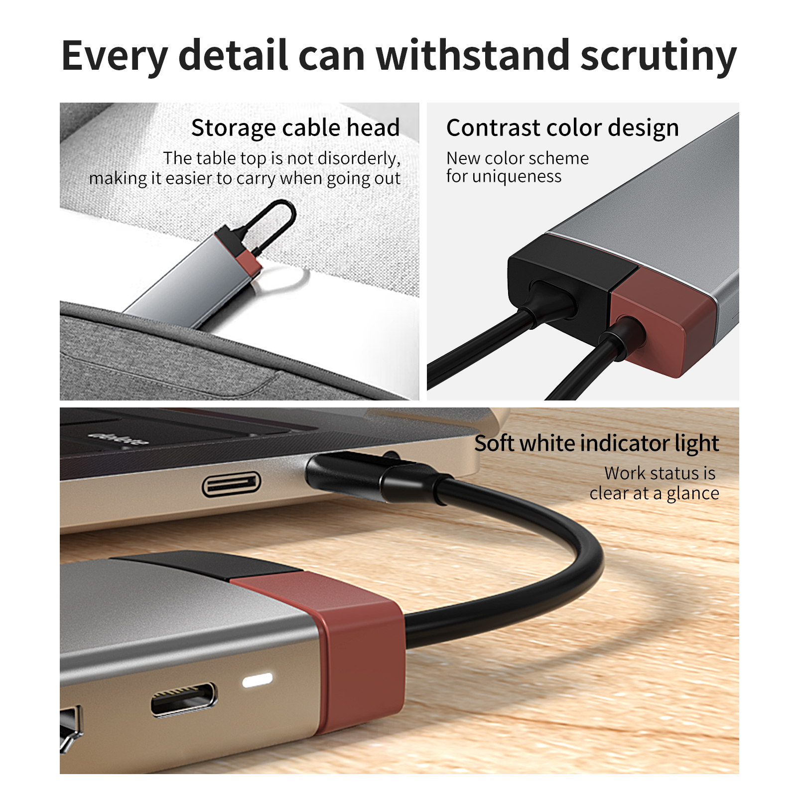 Bild mit Details eines USB-Hubs mit Textbeschriftungen.