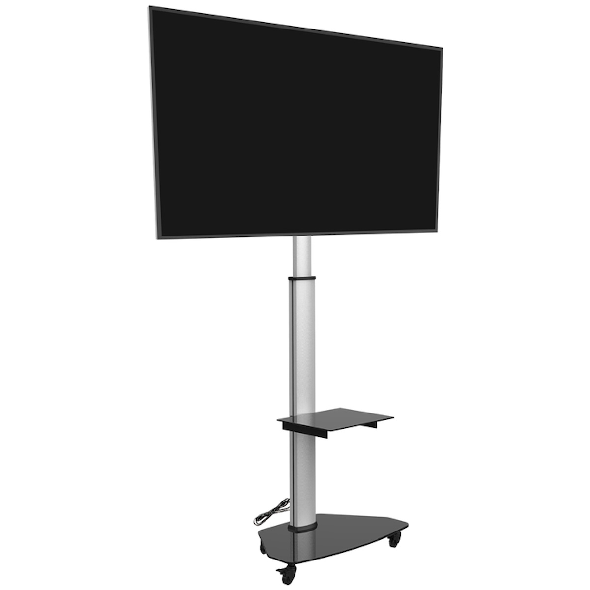 Een tv-standaard met een tv erop. Het heeft een plank en staat op wielen. De standaard is zilver en de tv is zwart.