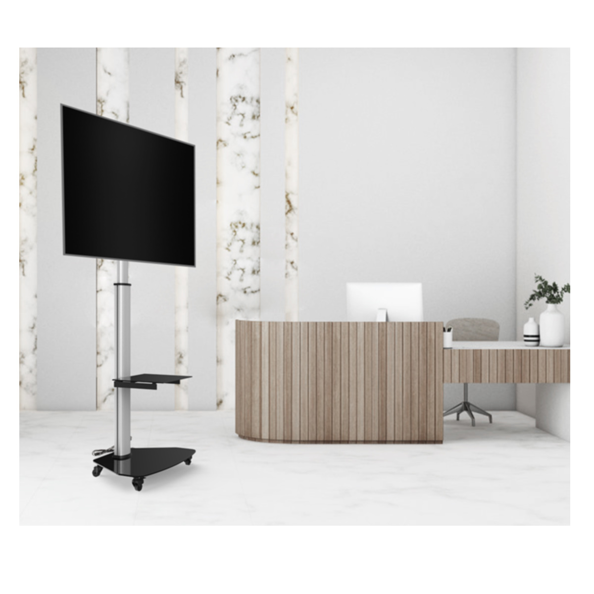Een moderne receptie met een grote tv op een rolstandaard, witte marmeren vloer en muur.