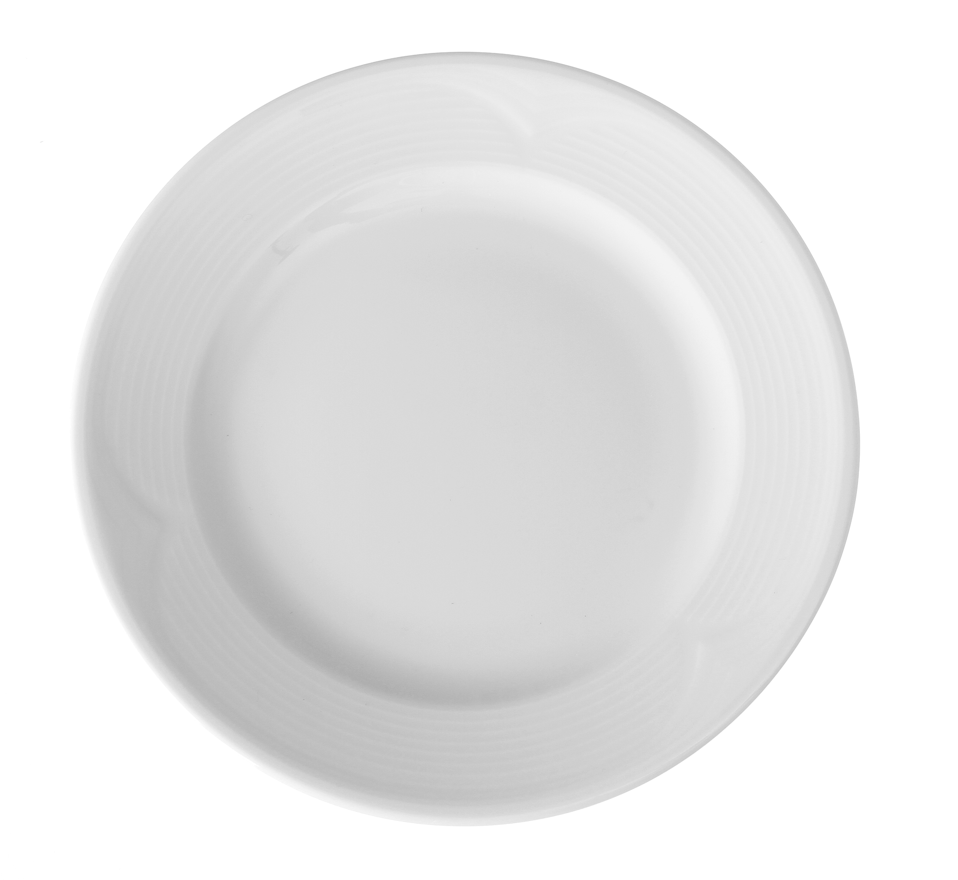 Piatto bianco e rotondo con un design sottile e concentrico sul bordo.