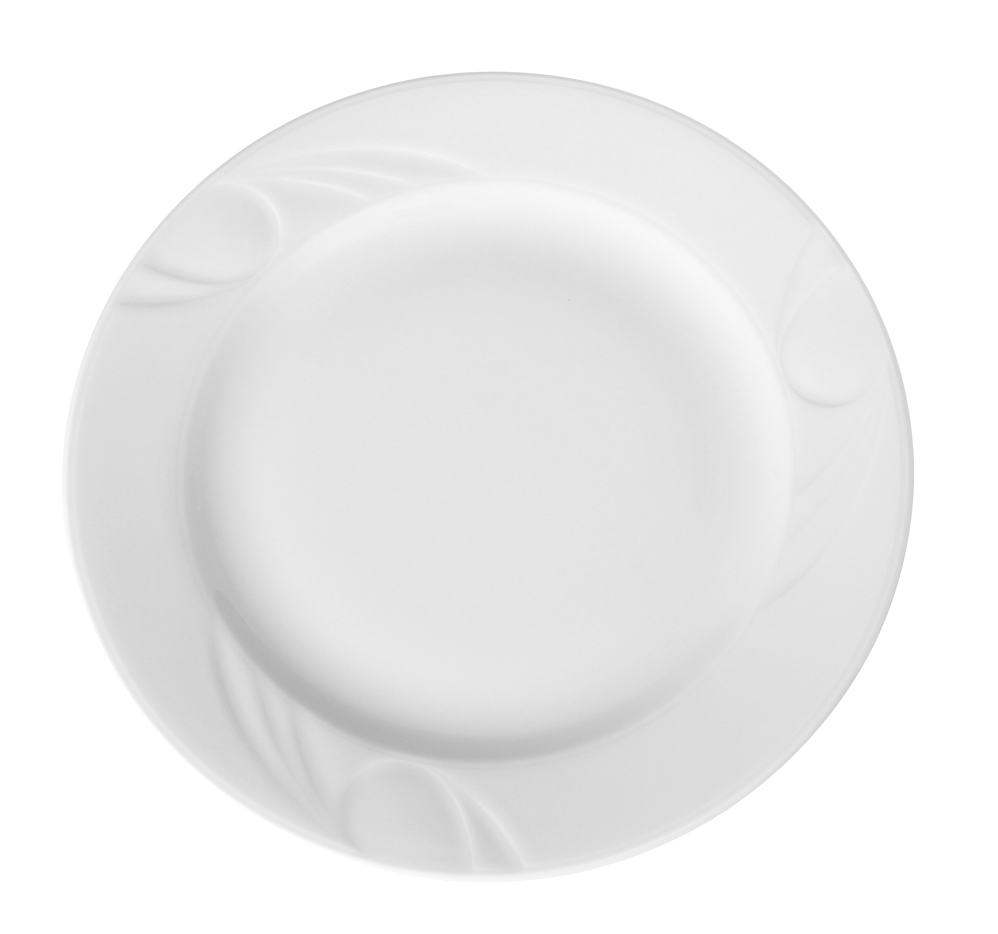 Un piatto bianco e rotondo con un cerchio interno leggermente rialzato e disegni curvi.