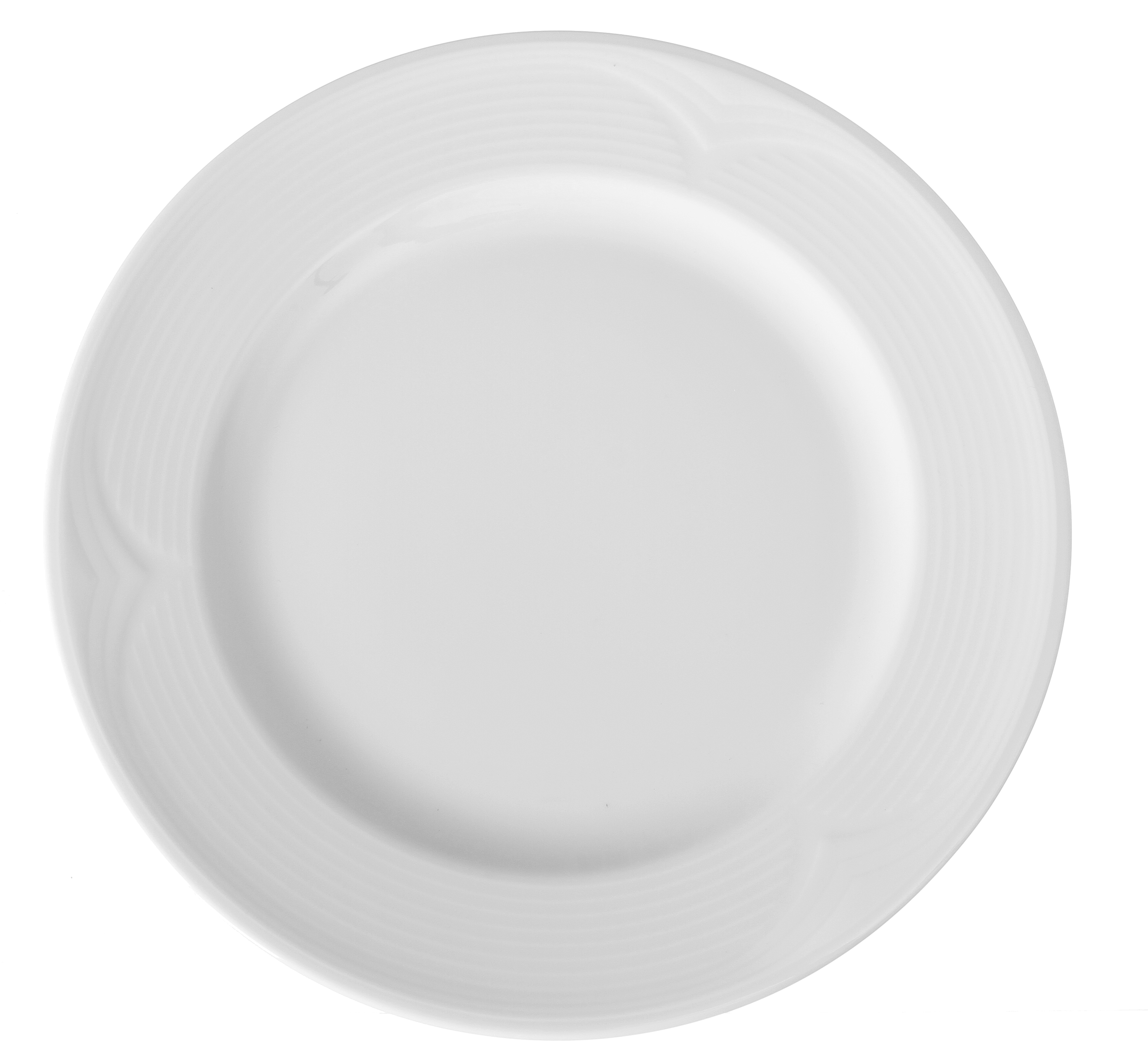 Un piattino bianco con un design circolare, visto dall'alto contro uno sfondo bianco.