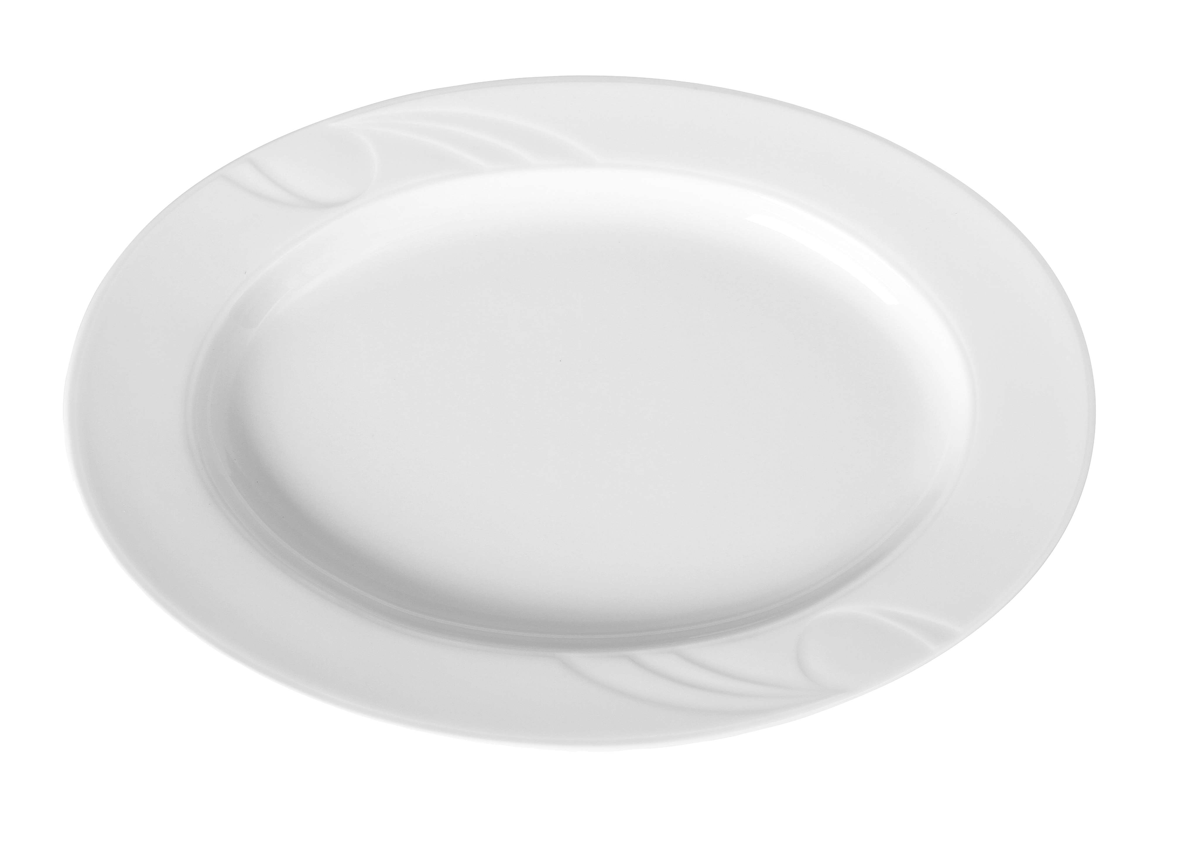 Piatto bianco, rotondo, con bordo decorativo, isolato su bianco.
